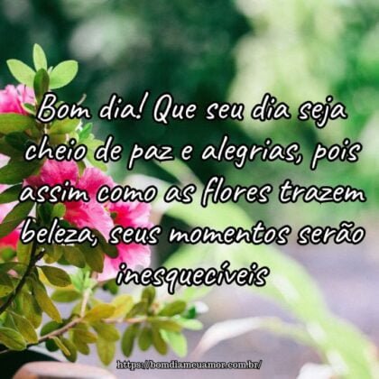 Bom dia! Que seu dia seja cheio de paz e alegrias, pois assim como as flores trazem beleza, seus momentos serão inesquecíveis. Bom dia! Que seu dia seja cheio de paz e alegrias, pois assim como as flores trazem beleza, seus momentos serão inesquecíveis.