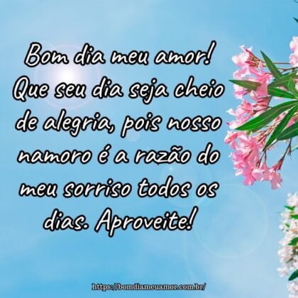 Bom dia meu amor! Que seu dia seja cheio de alegria, pois nosso namoro é a razão do meu sorriso todos os dias. Aproveite! Bom dia meu amor! Que seu dia seja cheio de alegria, pois nosso namoro é a razão do meu sorriso todos os dias. Aproveite!