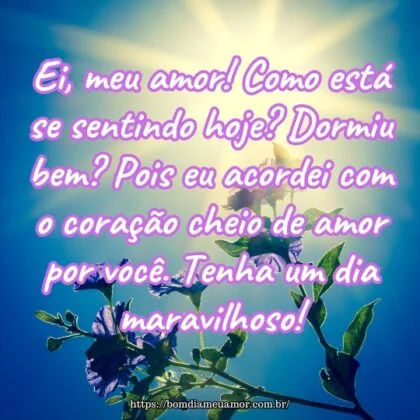 Ei, meu amor! Como está se sentindo hoje? Dormiu bem? Pois eu acordei com o coração cheio de amor por você. Tenha um dia maravilhoso! Ei, meu amor! Como está se sentindo hoje? Dormiu bem? Pois eu acordei com o coração cheio de amor por você. Tenha um dia maravilhoso!
