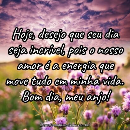 Hoje, desejo que seu dia seja incrível, pois o nosso amor é a energia que move tudo em minha vida. Bom dia, meu anjo! Hoje, desejo que seu dia seja incrível, pois o nosso amor é a energia que move tudo em minha vida. Bom dia, meu anjo!