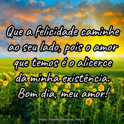 Que a felicidade caminhe ao seu lado, pois o amor que temos é o alicerce da minha existência. Bom dia, meu amor! Que a felicidade caminhe ao seu lado, pois o amor que temos é o alicerce da minha existência. Bom dia, meu amor!