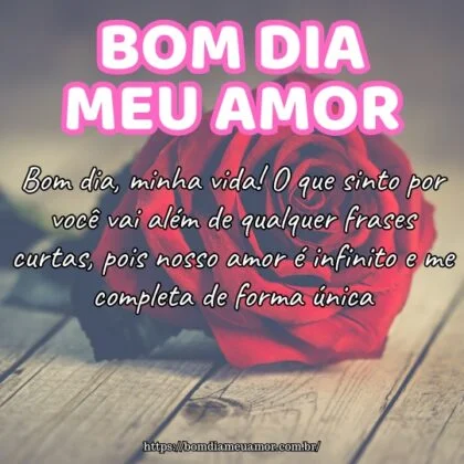 Bom dia, minha vida! O que sinto por você vai além de qualquer frases curtas, pois nosso amor é infinito e me completa de forma única. Bom dia, minha vida! O que sinto por você vai além de qualquer frases curtas, pois nosso amor é infinito e me completa de forma única.