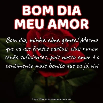 Bom dia, minha alma gêmea! Mesmo que eu use frases curtas, elas nunca serão suficientes, pois nosso amor é o sentimento mais bonito que eu já vivi. Bom dia, minha alma gêmea! Mesmo que eu use frases curtas, elas nunca serão suficientes, pois nosso amor é o sentimento mais bonito que eu já vivi.