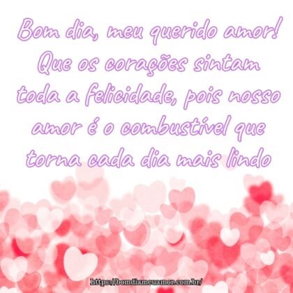 Bom dia, meu querido amor! Que os corações sintam toda a felicidade, pois nosso amor é o combustível que torna cada dia mais lindo. Bom dia, meu querido amor! Que os corações sintam toda a felicidade, pois nosso amor é o combustível que torna cada dia mais lindo.