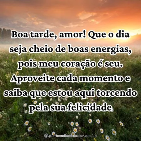 Boa tarde, amor! Que o dia seja cheio de boas energias, pois meu coração é seu. Aproveite cada momento e saiba que estou aqui torcendo pela sua felicidade. Boa tarde, amor! Que o dia seja cheio de boas energias, pois meu coração é seu. Aproveite cada momento e saiba que estou aqui torcendo pela sua felicidade.