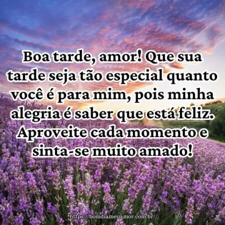 Boa tarde, amor! Que sua tarde seja tão especial quanto você é para mim, pois minha alegria é saber que está feliz. Aproveite cada momento e sinta-se muito amado! Boa tarde, amor! Que sua tarde seja tão especial quanto você é para mim, pois minha alegria é saber que está feliz. Aproveite cada momento e sinta-se muito amado!