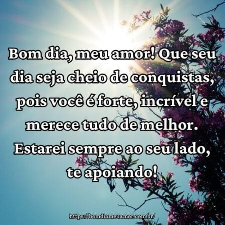 Bom dia, meu amor! Que seu dia seja cheio de conquistas, pois você é forte, incrível e merece tudo de melhor. Estarei sempre ao seu lado, te apoiando! Bom dia, meu amor! Que seu dia seja cheio de conquistas, pois você é forte, incrível e merece tudo de melhor. Estarei sempre ao seu lado, te apoiando!