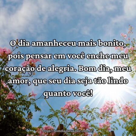 O dia amanheceu mais bonito, pois pensar em você enche meu coração de alegria. Bom dia, meu amor, que seu dia seja tão lindo quanto você! O dia amanheceu mais bonito, pois pensar em você enche meu coração de alegria. Bom dia, meu amor, que seu dia seja tão lindo quanto você!
