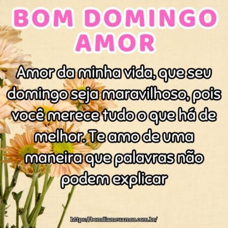 Amor da minha vida, que seu domingo seja maravilhoso, pois você merece tudo o que há de melhor. Te amo de uma maneira que palavras não podem explicar. Amor da minha vida, que seu domingo seja maravilhoso, pois você merece tudo o que há de melhor. Te amo de uma maneira que palavras não podem explicar.