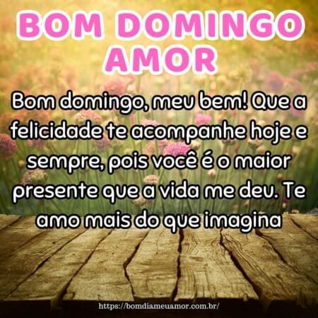 Bom domingo, meu bem! Que a felicidade te acompanhe hoje e sempre, pois você é o maior presente que a vida me deu. Te amo mais do que imagina. Bom domingo, meu bem! Que a felicidade te acompanhe hoje e sempre, pois você é o maior presente que a vida me deu. Te amo mais do que imagina.
