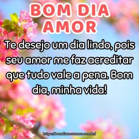 Te desejo um dia lindo, pois seu amor me faz acreditar que tudo vale a pena. Bom dia, minha vida! Te desejo um dia lindo, pois seu amor me faz acreditar que tudo vale a pena. Bom dia, minha vida!