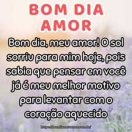 Bom dia, meu amor! O sol sorriu para mim hoje, pois sabia que pensar em você já é meu melhor motivo para levantar com o coração aquecido. Bom dia, meu amor! O sol sorriu para mim hoje, pois sabia que pensar em você já é meu melhor motivo para levantar com o coração aquecido.