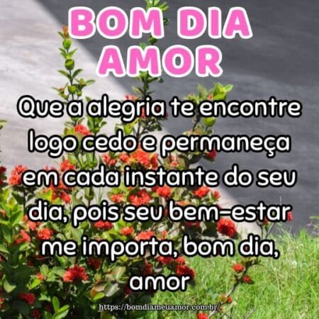 Que a alegria te encontre logo cedo e permaneça em cada instante do seu dia, pois seu bem-estar me importa, bom dia, amor. Que a alegria te encontre logo cedo e permaneça em cada instante do seu dia, pois seu bem-estar me importa, bom dia, amor.