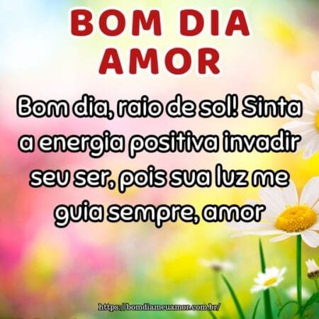 Bom dia, raio de sol! Sinta a energia positiva invadir seu ser, pois sua luz me guia sempre, amor. Bom dia, raio de sol! Sinta a energia positiva invadir seu ser, pois sua luz me guia sempre, amor.