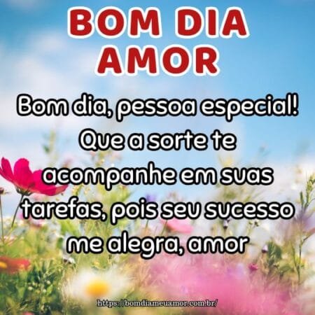 Bom dia, pessoa especial! Que a sorte te acompanhe em suas tarefas, pois seu sucesso me alegra, amor. Bom dia, pessoa especial! Que a sorte te acompanhe em suas tarefas, pois seu sucesso me alegra, amor.