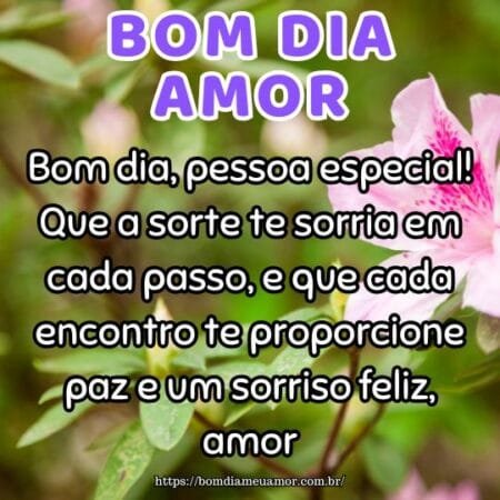 Bom dia, pessoa especial! Que a sorte te sorria em cada passo, e que cada encontro te proporcione paz e um sorriso feliz, amor. Bom dia, pessoa especial! Que a sorte te sorria em cada passo, e que cada encontro te proporcione paz e um sorriso feliz, amor.