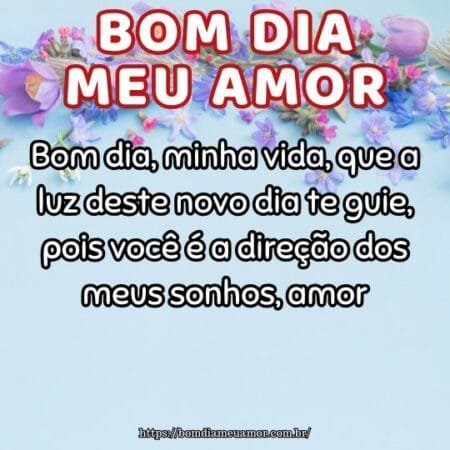 Bom dia, minha vida, que a luz deste novo dia te guie, pois você é a direção dos meus sonhos, amor. Bom dia, minha vida, que a luz deste novo dia te guie, pois você é a direção dos meus sonhos, amor.