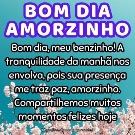 Bom dia, meu benzinho! A tranquilidade da manhã nos envolva, pois sua presença me traz paz, amorzinho. Compartilhemos muitos momentos felizes hoje. Bom dia, meu benzinho! A tranquilidade da manhã nos envolva, pois sua presença me traz paz, amorzinho. Compartilhemos muitos momentos felizes hoje.
