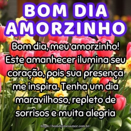 Bom dia, meu amorzinho! Este amanhecer ilumina seu coração, pois sua presença me inspira. Tenha um dia maravilhoso, repleto de sorrisos e muita alegria. Bom dia, meu amorzinho! Este amanhecer ilumina seu coração, pois sua presença me inspira. Tenha um dia maravilhoso, repleto de sorrisos e muita alegria.