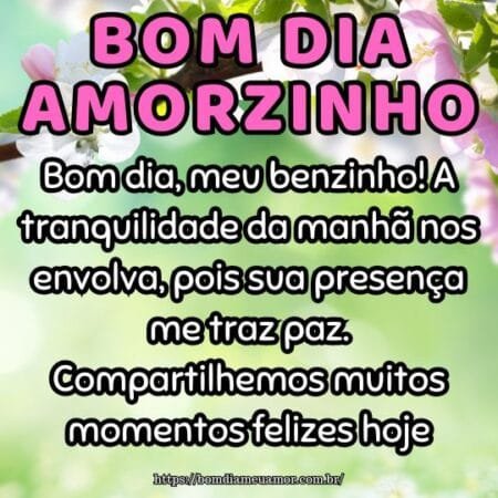 Bom dia, meu benzinho! A tranquilidade da manhã nos envolva, pois sua presença me traz paz. Compartilhemos muitos momentos felizes hoje. Bom dia, meu benzinho! A tranquilidade da manhã nos envolva, pois sua presença me traz paz. Compartilhemos muitos momentos felizes hoje.