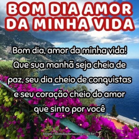 Bom dia, amor da minha vida! Que sua manhã seja cheia de paz, seu dia cheio de conquistas e seu coração cheio do amor que sinto por você. Bom dia, amor da minha vida! Que sua manhã seja cheia de paz, seu dia cheio de conquistas e seu coração cheio do amor que sinto por você.