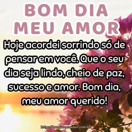 Hoje acordei sorrindo só de pensar em você. Que o seu dia seja lindo, cheio de paz, sucesso e amor. Bom dia, meu amor querido! Hoje acordei sorrindo só de pensar em você. Que o seu dia seja lindo, cheio de paz, sucesso e amor. Bom dia, meu amor querido!