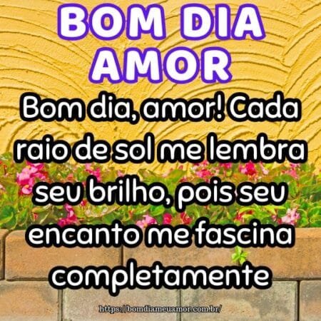 Bom dia, amor! Cada raio de sol me lembra seu brilho, pois seu encanto me fascina completamente. Bom dia, amor! Cada raio de sol me lembra seu brilho, pois seu encanto me fascina completamente.