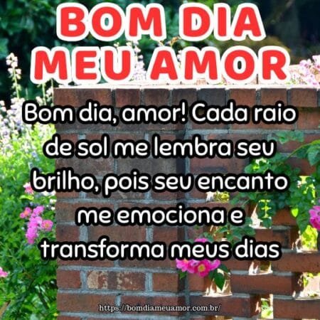 Bom dia, amor! Cada raio de sol me lembra seu brilho, pois seu encanto me emociona e transforma meus dias. Bom dia, amor! Cada raio de sol me lembra seu brilho, pois seu encanto me emociona e transforma meus dias.