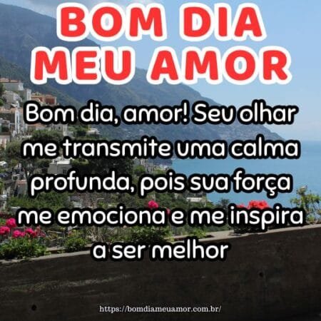 Bom dia, amor! Seu olhar me transmite uma calma profunda, pois sua força me emociona e me inspira a ser melhor. Bom dia, amor! Seu olhar me transmite uma calma profunda, pois sua força me emociona e me inspira a ser melhor.