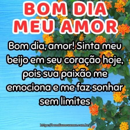 Bom dia, amor! Sinta meu beijo em seu coração hoje, pois sua paixão me emociona e me faz sonhar sem limites. Bom dia, amor! Sinta meu beijo em seu coração hoje, pois sua paixão me emociona e me faz sonhar sem limites.