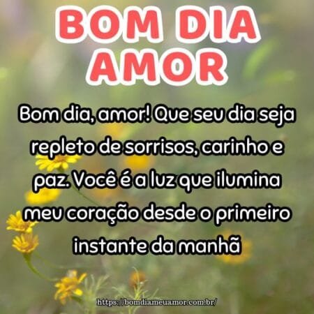 Bom dia, amor! Que seu dia seja repleto de sorrisos, carinho e paz. Você é a luz que ilumina meu coração desde o primeiro instante da manhã. Bom dia, amor! Que seu dia seja repleto de sorrisos, carinho e paz. Você é a luz que ilumina meu coração desde o primeiro instante da manhã.