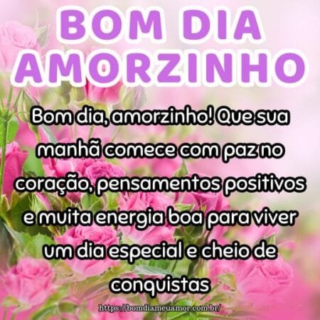 Bom dia, amorzinho! Que sua manhã comece com paz no coração, pensamentos positivos e muita energia boa para viver um dia especial e cheio de conquistas. Bom dia, amorzinho! Que sua manhã comece com paz no coração, pensamentos positivos e muita energia boa para viver um dia especial e cheio de conquistas.