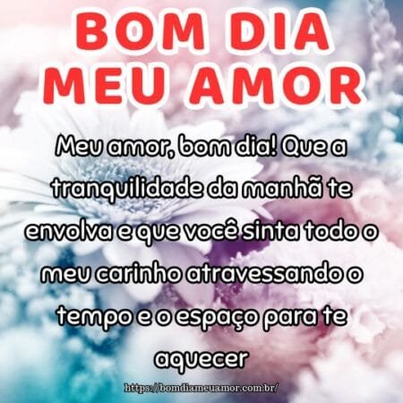 Meu amor, bom dia! Que a tranquilidade da manhã te envolva e que você sinta todo o meu carinho atravessando o tempo e o espaço para te aquecer. Meu amor, bom dia! Que a tranquilidade da manhã te envolva e que você sinta todo o meu carinho atravessando o tempo e o espaço para te aquecer.