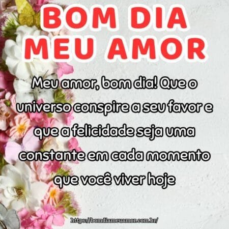 Meu amor, bom dia! Que o universo conspire a seu favor e que a felicidade seja uma constante em cada momento que você viver hoje. Meu amor, bom dia! Que o universo conspire a seu favor e que a felicidade seja uma constante em cada momento que você viver hoje.