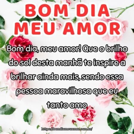 Bom dia, meu amor! Que o brilho do sol desta manhã te inspire a brilhar ainda mais, sendo essa pessoa maravilhosa que eu tanto amo. Bom dia, meu amor! Que o brilho do sol desta manhã te inspire a brilhar ainda mais, sendo essa pessoa maravilhosa que eu tanto amo.