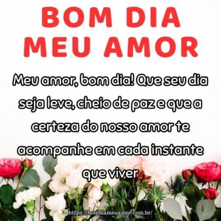 Meu amor, bom dia! Que seu dia seja leve, cheio de paz e que a certeza do nosso amor te acompanhe em cada instante que viver. Meu amor, bom dia! Que seu dia seja leve, cheio de paz e que a certeza do nosso amor te acompanhe em cada instante que viver.