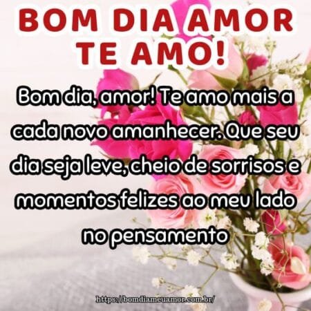 Bom dia, amor! Te amo mais a cada novo amanhecer. Que seu dia seja leve, cheio de sorrisos e momentos felizes ao meu lado no pensamento. Bom dia, amor! Te amo mais a cada novo amanhecer. Que seu dia seja leve, cheio de sorrisos e momentos felizes ao meu lado no pensamento.