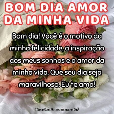 Bom dia! Você é o motivo da minha felicidade, a inspiração dos meus sonhos e o amor da minha vida. Que seu dia seja maravilhoso. Eu te amo! Bom dia! Você é o motivo da minha felicidade, a inspiração dos meus sonhos e o amor da minha vida. Que seu dia seja maravilhoso. Eu te amo!