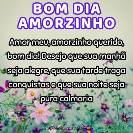 Amor meu, amorzinho querido, bom dia! Desejo que sua manhã seja alegre, que sua tarde traga conquistas e que sua noite seja pura calmaria. Amor meu, amorzinho querido, bom dia! Desejo que sua manhã seja alegre, que sua tarde traga conquistas e que sua noite seja pura calmaria.