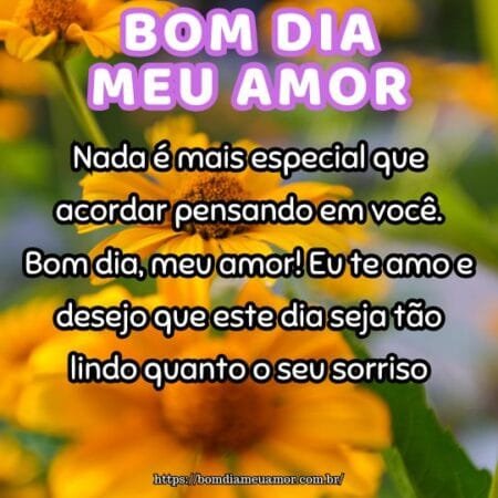 Nada é mais especial que acordar pensando em você. Bom dia, meu amor! Eu te amo e desejo que este dia seja tão lindo quanto o seu sorriso. Nada é mais especial que acordar pensando em você. Bom dia, meu amor! Eu te amo e desejo que este dia seja tão lindo quanto o seu sorriso.