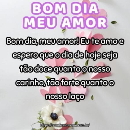 Bom dia, meu amor! Eu te amo e espero que o dia de hoje seja tão doce quanto o nosso carinho, tão forte quanto o nosso laço. Bom dia, meu amor! Eu te amo e espero que o dia de hoje seja tão doce quanto o nosso carinho, tão forte quanto o nosso laço.